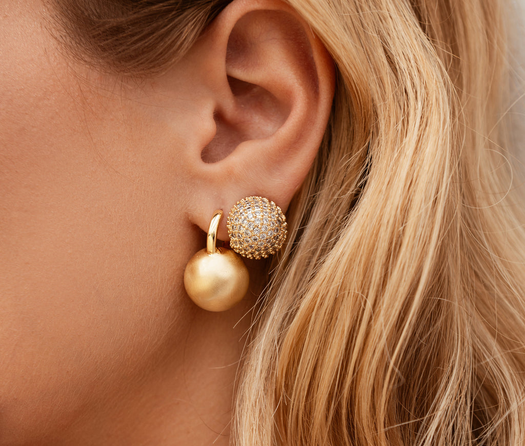 Gold Micro Zirconia Half Ball Earring